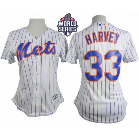 Mets #33 Matt Harvey White(Blue Strip) W/2015 World Series Patch Women's Home Stitched MLB Jersey