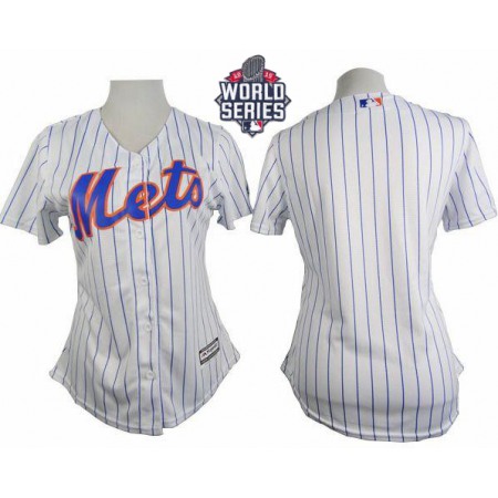 Mets Blank White(Blue Strip) W/2015 World Series Patch Women's Home Stitched MLB Jersey