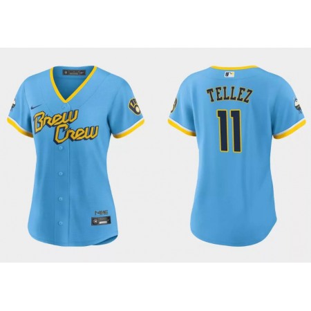 Women's Milwaukee Brewers #11 Rowdy Tellez 2022 Powder Blue City Connect Cool Base Stitched Jersey(Run Small)