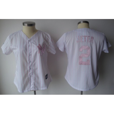 Yankees #2 Derek Jeter White With Pink Strip Women's Fashion Stitched MLB Jersey