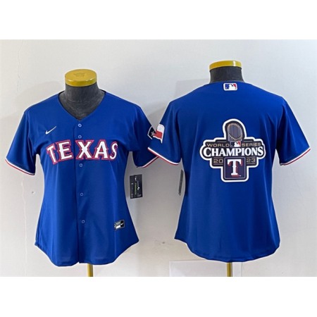 Women's Texas Rangers Royal 2023 World Series Champions Big Logo With Patch Stitched Baseball Jersey(Run Small)