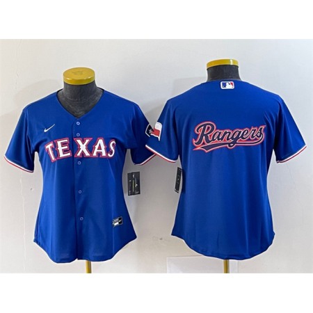 Women's Texas Rangers Royal Team Big Logo With Patch Stitched Baseball Jersey(Run Small)
