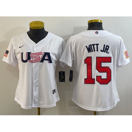 Women's USA Baseball #15 Bobby Witt Jr. 2023 White World Baseball Classic Stitched Jersey(Run Small)
