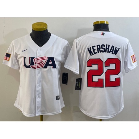 Women's USA Baseball #22 Clayton Kershaw 2023 White World Baseball Classic Stitched Jersey(Run Small)