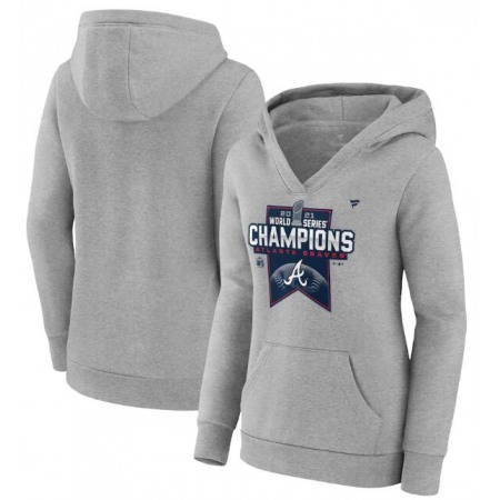 Women's Atlanta Braves 2021 Heathered Gray World Series Champions Locker Room Crossover Neck Pullover Hoodie(Run Small)