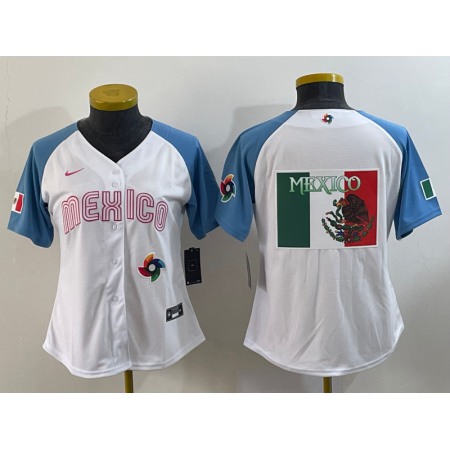 Women's Mexico Baseball 2023 White Blue Big Logo World Baseball Classic With Patch Stitched Jersey(Run Small)