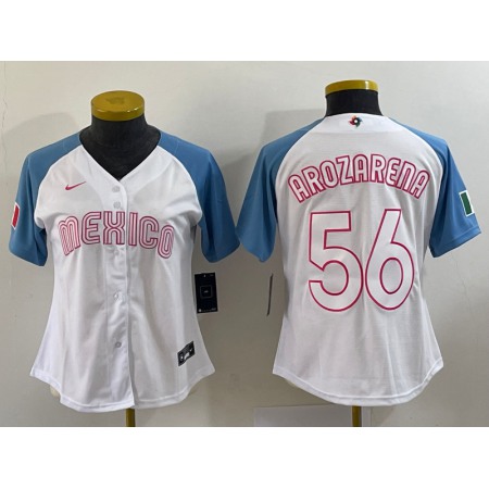 Women's Mexico Baseball #56 Randy Arozarena 2023 White Blue World Baseball Classic Stitched Jersey(Run Small)