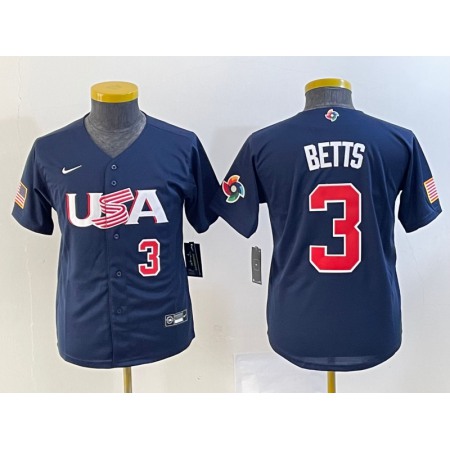 Women's USA Baseball #3 Mookie Betts 2023 Navy World Baseball Classic With Patch Stitched Jersey(Run Small)