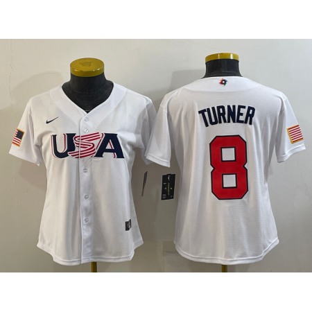 Women's USA Baseball #8 Trea Turner 2023 White World Baseball Classic Stitched Jersey(Run Small)