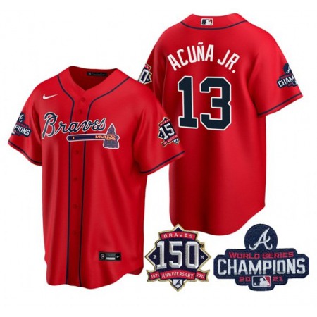 Youth Atlanta Braves #13 Ronald Acuna Jr 2021 Red World Series Champions With 150th Anniversary Cool Base Stitched Jersey