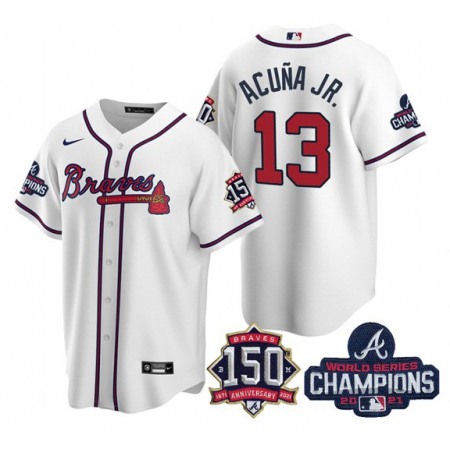 Youth Atlanta Braves #13 Ronald Acuna Jr 2021 White World Series Champions With 150th Anniversary Cool Base Stitched Jersey