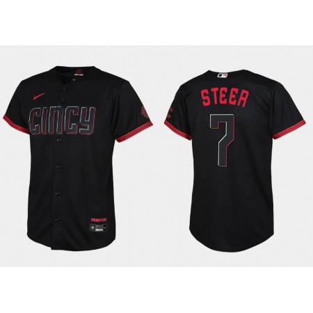 Youth Cincinnati Reds #7 Spencer Steer Black 2023 City Connect Stitched Baseball Jersey