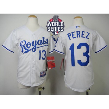 Royals #13 Salvador Perez White Cool Base W/2015 World Series Patch Stitched Youth MLB Jersey