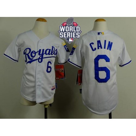 Royals #6 Lorenzo Cain White Cool Base W/2015 World Series Patch Stitched Youth MLB Jersey