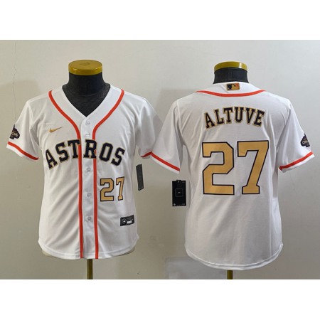 Youth Houston Astros #27 Jose Altuve White 2023 Gold Collection With World Serise Champions Patch Stitched Baseball Jersey