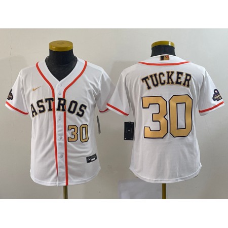 Youth Houston Astros #30 Kyle Tucker White 2023 Gold Collection With World Serise Champions Patch Stitched Baseball Jersey