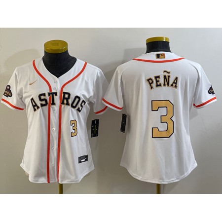 Youth Houston Astros #3 Jeremy Pena White 2023 Gold Collection With World Serise Champions Patch Stitched Baseball Jersey