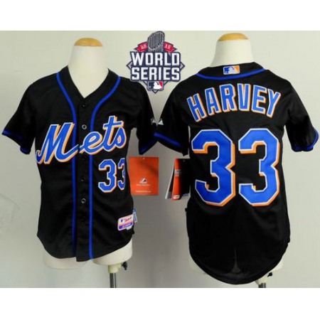 Mets #33 Matt Harvey Black Cool Base W/2015 World Series Patch Stitched Youth MLB Jersey