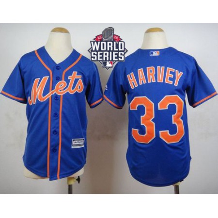 Mets #33 Matt Harvey Blue Alternate Home Cool W/2015 World Series Patch Stitched Youth MLB Jersey