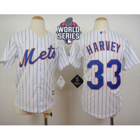 Mets #33 Matt Harvey White(Blue Strip) Home Cool Base W/2015 World Series Patch Stitched Youth MLB Jersey