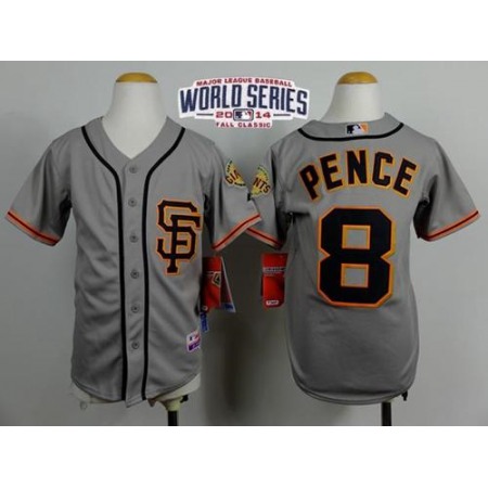 Giants #8 Hunter Pence Grey Road 2 Cool Base W/2014 World Series Patch Stitched Youth MLB Jersey