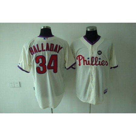 Phillies #34 Roy Halladay Stitched Cream Youth MLB Jersey