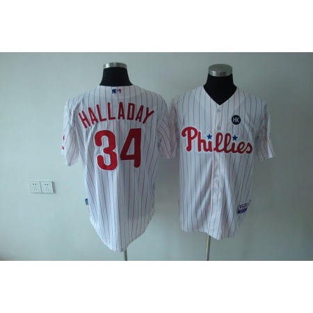 Phillies #34 Roy Halladay Stitched White Red Strip Youth MLB Jersey