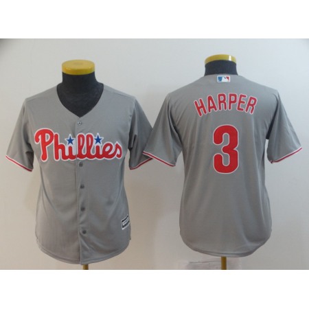 Youth Philadelphia Phillies #3 Bryce Harper Majestic Gray Home Cool Base Stitched MLB Jersey