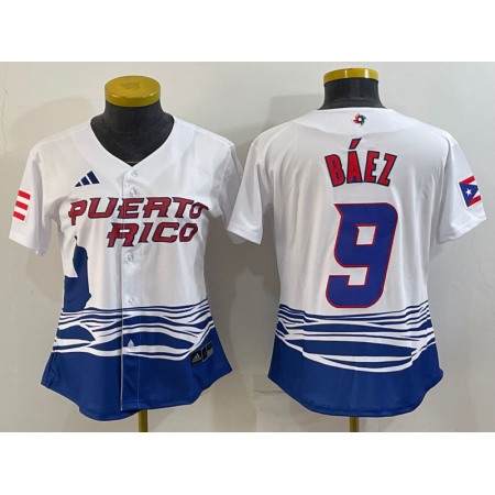 Youth Puerto Rico Baseball #9 Javier Baez 2023 White World Baseball Classic Stitched Jersey