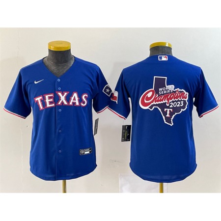 Youth Texas Rangers Royal 2023 World Series Champions Big Logo With Patch Stitched Baseball Jersey