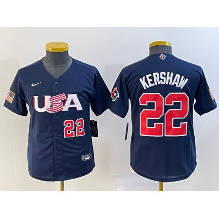 Youth USA Baseball #22 Clayton Kershaw 2023 Navy World Baseball Classic With Patch Stitched Jersey