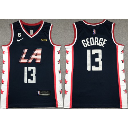Men's Los Angeles Clippers #13 Paul George Navy 2022/23 City Edition With NO.6 Patch Stitched Jersey