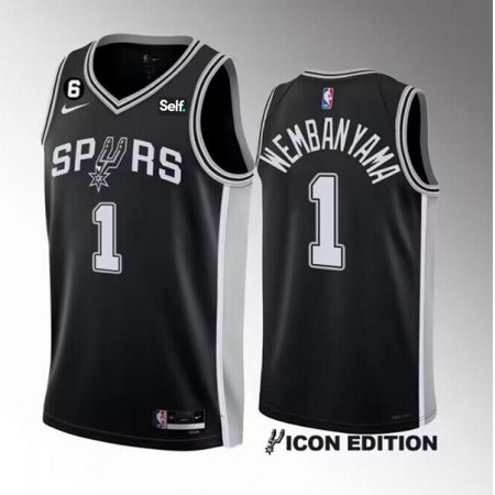 Men's San Antonio Spurs #1 Victor Wembanyama Black 2022/23 Icon Edition With NO.6 Patch Stitched Basketball Jersey