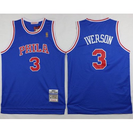 Mitchell and Ness 76ers #3 Allen Iverson Stitched Blue Throwback NBA Jersey