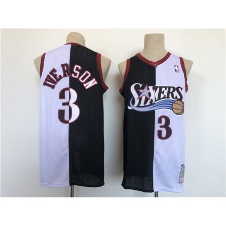 Men's Philadelphia 76ers #3 Allen Iverson White/Black Splite Throwback basketball Jersey