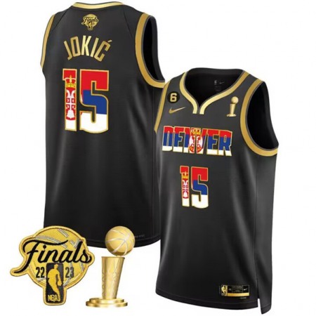 Men's Denver Nuggets #15 Nikola Jokic 2023 Black Gold Serbia Flag Finals Champions With NO.6 Patch Stitched Basketball Jersey