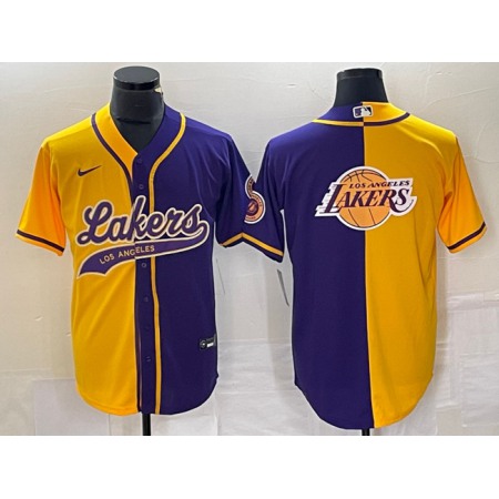 Men's Los Angeles Lakers Gold/Purple Split Team Big Logo Cool Base Stitched Baseball Jersey