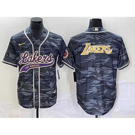 Men's Los Angeles Lakers Team Big Logo Grey Cool Base With Patch Stitched Baseball Jersey