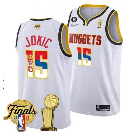 Men's Denver Nuggets #15 Nikola Jokic 2023 White Gold Serbia Flag Finals Champions With NO.6 Patch Stitched Basketball Jersey