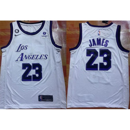 Men's Los Angeles Lakers #23 LeBron James 2022/23 White With NO.6 Patch Stitched Basketball Jersey