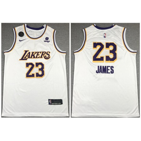 Men's Los Angeles Lakers #23 LeBron James "bibigo" White With KB Patch Stitched Jersey