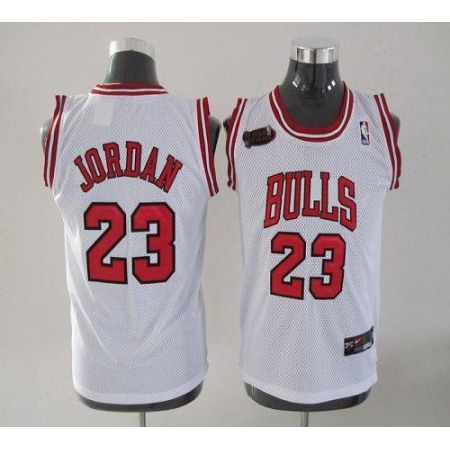 Bulls #23 Michael Jordan White Champion Patch Stitched Youth NBA Jersey
