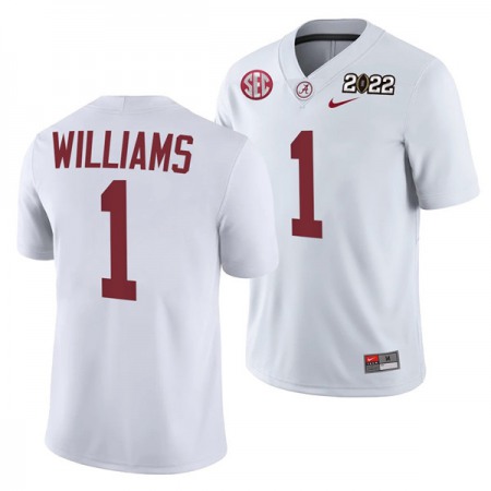 Men's Alabama Crimson Tide #1 Jameson Williams 2022 Patch White College Football Stitched Jersey