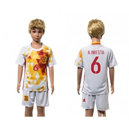 Spain #6 A.Iniesta White Away Kid Soccer Country Jersey