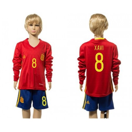 Spain #8 Xavi Red Home Long Sleeves Kid Soccer Country Jersey
