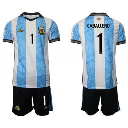 Men's Argentina #1 Caballero White/Blue Home Soccer Jersey Suit