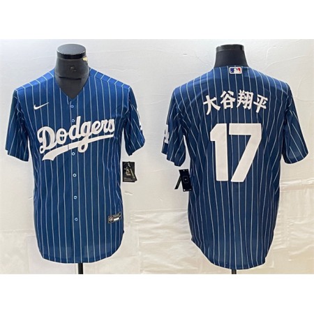 Men's Los Angeles Dodgers #17 Shohei Ohtani Navy Cool Base With Patch Stitched Baseball Jersey