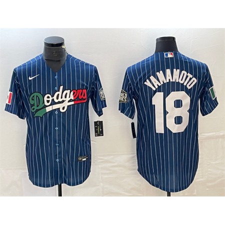 Men's Los Angeles Dodgers #18 Yoshinobu Yamamoto Navy Cool Base With Patch Stitched Baseball Jersey