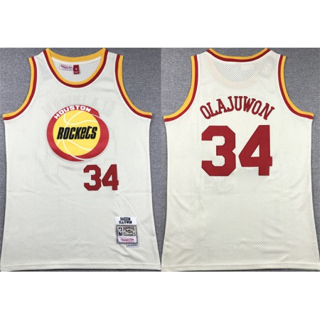 Men's Houston Rockets #34 Hakeem Olajuwon White Mitchell & Ness Hardwood Classics Swingman Stitched Basketball Jersey