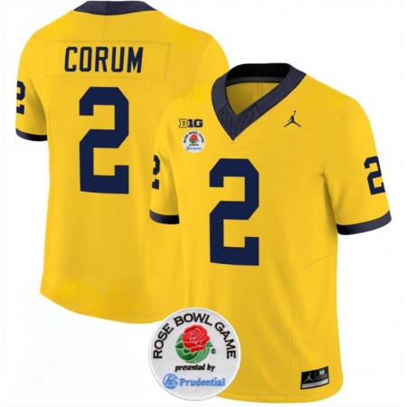 Men's Michigan Wolverines #2 Blake Corum 2023 F.U.S.E. Yellow Rose Bowl Patch Stitched Jersey
